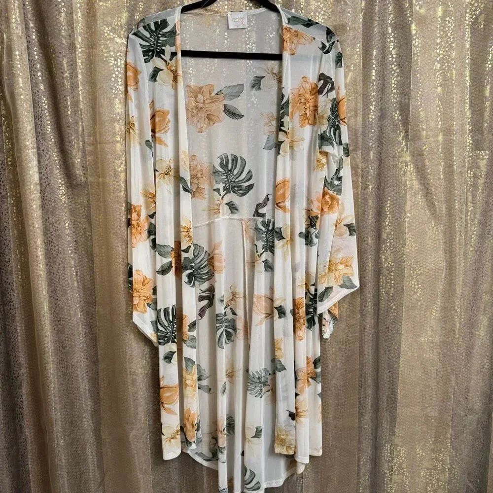 SirenLily White Green Tropical Magnolia Print Mesh Duster Medium